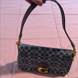 Coach Blue and Gold Monogram Shoulder Bag with Classic Flap Design